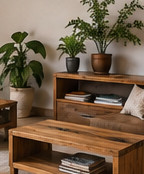 Un espacio de reunión con plantas y muebles de madera · Imagen ilustrativa generada con IA
